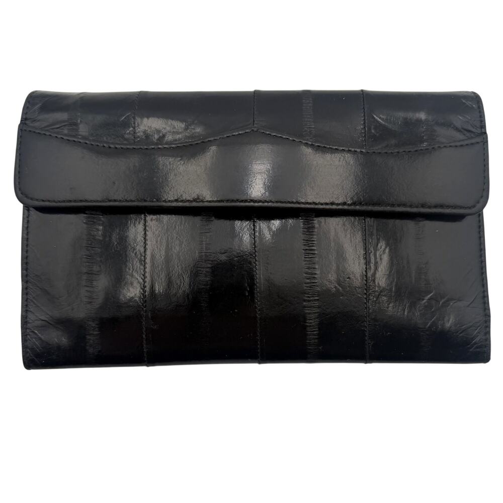 Vintage Genuine Eel Skin Leather Checkbook Wallet Clutch Black Snap Zip 7"